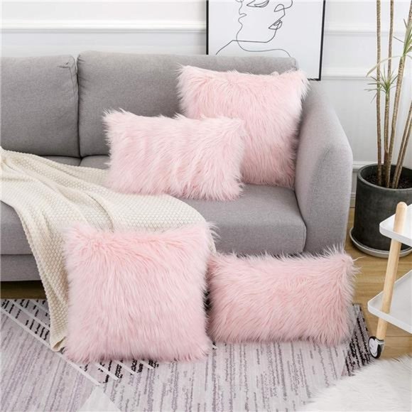 Set of 2 Pink Fluffy Pillow Covers New Luxury Series Merino Style Blush Faux Fur - Picture 2 of 6